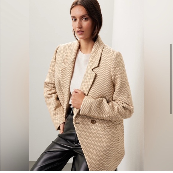 Anine Bing | Fishbone Double Breasted Tan & Cream Blazer Jacket Wool Blend XL - Picture 2 of 11